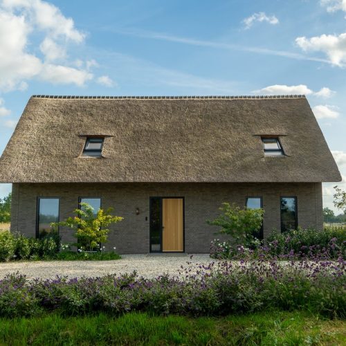 Voorgevel van de JB4 met rietenkap in Sprundel, omringd door beplanting